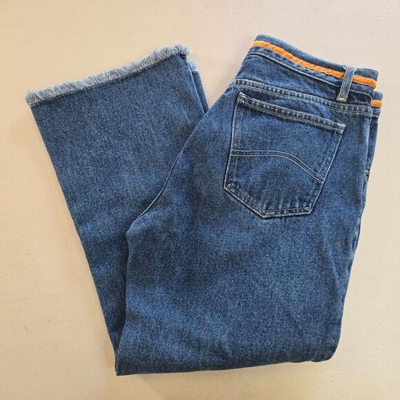 S.L.A. Jeans Junior 7 8 Cut Off Floral Embroidered Straight Leg Medium Wash Blue - Picture 8 of 16